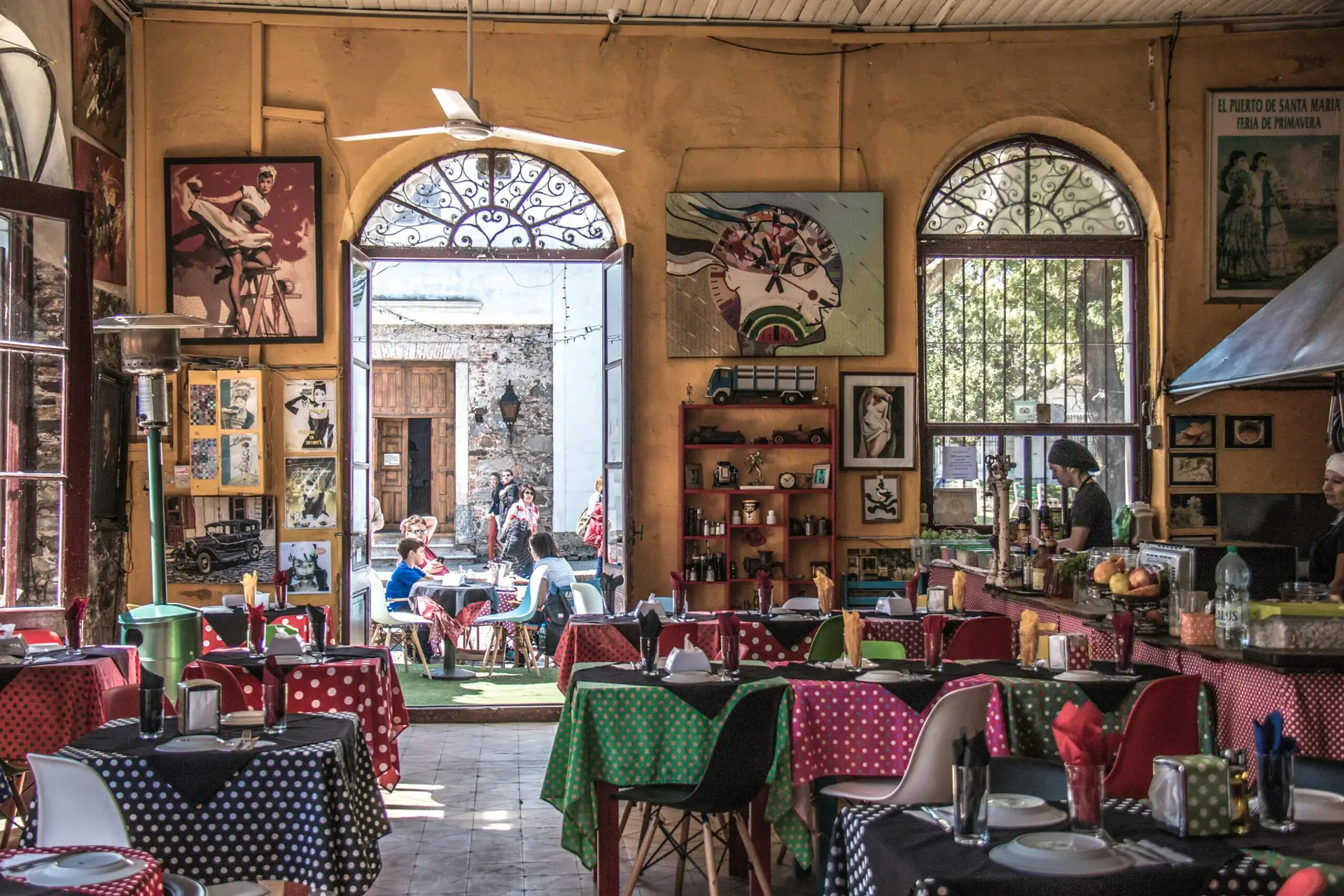 Cozy restaurant with colorful decor in Colonia del Sacramento, Uruguay.